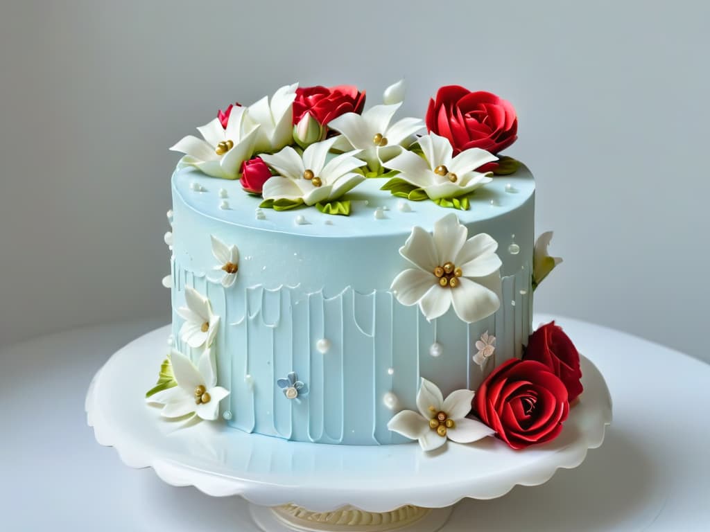  A closeup, ultradetailed image of a perfectly baked and beautifully decorated threetiered cake, showcasing intricate piping work in pastel colors, delicate fondant flowers, and shimmering edible pearls. The cake sits on a pristine white cake stand against a soft, blurred background, emphasizing the precision and artistry involved in creating a stunning dessert for a special occasion. hyperrealistic, full body, detailed clothing, highly detailed, cinematic lighting, stunningly beautiful, intricate, sharp focus, f/1. 8, 85mm, (centered image composition), (professionally color graded), ((bright soft diffused light)), volumetric fog, trending on instagram, trending on tumblr, HDR 4K, 8K