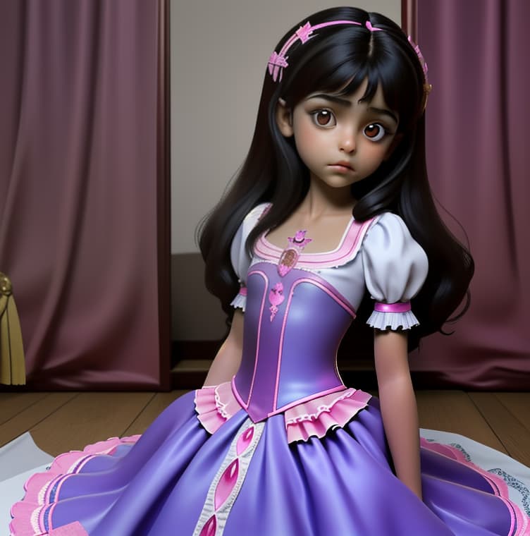  una niña de 9 años morena con un vestido de princesa en su cuarto