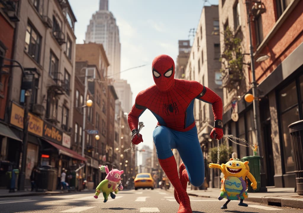  good quality, high quality, a version of spider man, around 1., runs through a lively new york street, looking determined as he chases after tiny, colorful monsters. the monsters are small, mischievous, and cute—one is knocking over a trash can, while another swings from a streetlamp, grinning ly. spider man is in his clic red and blue suit, with his mask slightly tilted, part of his cheek. the city backdrop is vint, with tall skyscrs, glowing billboards, and the bustling energy of new york. the sunlight reflects off the buildings, casting long shadows on the street. above the scene, the le reads: "spider man and the tiny monster chase!" in bold, letters, with bright colors to match