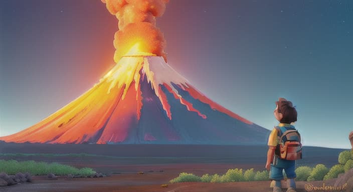  {The explorer looking up at the volcano, its colorful lava casting a warm light on the surroundings., The explorer's blue backpack is starting to show signs of wear from the long journey.