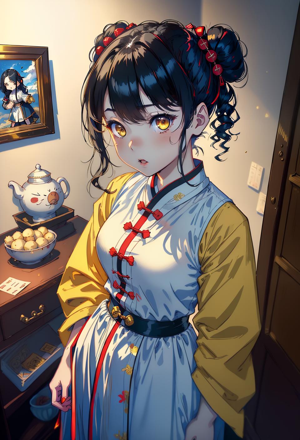  ((trending, highres, masterpiece, cinematic shot)), 1girl, chibi, female pajamas, medieval fantasy scene, very short wavy black hair, hair in Chinese buns,  yellow eyes, naive personality, smug expression, very pale skin, epic, energetic