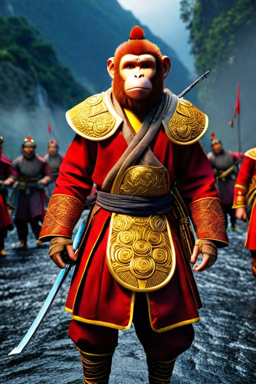  Monkey King: Journey to the West hyperrealistic, full body, detailed clothing, highly detailed, cinematic lighting, stunningly beautiful, intricate, sharp focus, f/1. 8, 85mm, (centered image composition), (professionally color graded), ((bright soft diffused light)), volumetric fog, trending on instagram, trending on tumblr, HDR 4K, 8K