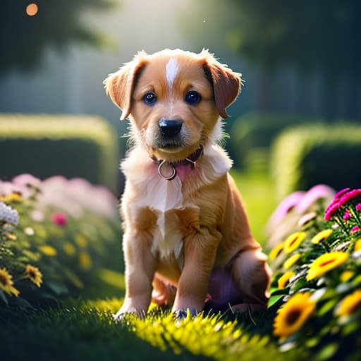  Beautiful puppy, flowers, summer. hyperrealistic, full body, detailed clothing, highly detailed, cinematic lighting, stunningly beautiful, intricate, sharp focus, f/1. 8, 85mm, (centered image composition), (professionally color graded), ((bright soft diffused light)), volumetric fog, trending on instagram, trending on tumblr, HDR 4K, 8K