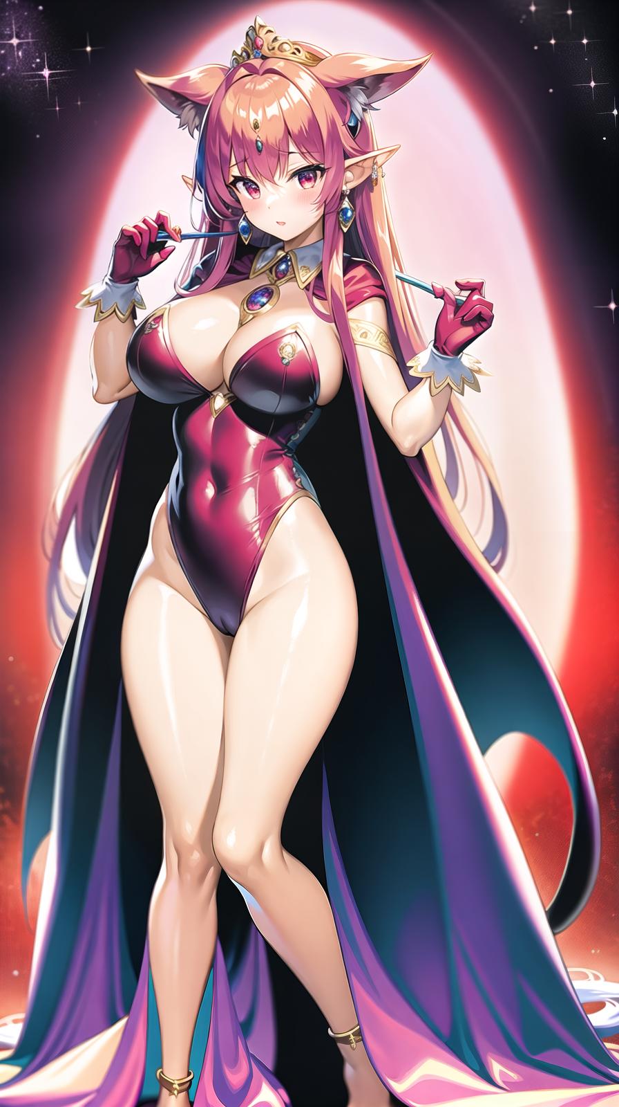  master piece , best quality,Magic hat, tiara, earrings, jewelry, long cape, huge ribbon, leotard, gloves, wings of light, red costume, long two side up hair, pink hair color, beautiful with wolf ears, wolf tail, big s, magic wand, transformation, full body