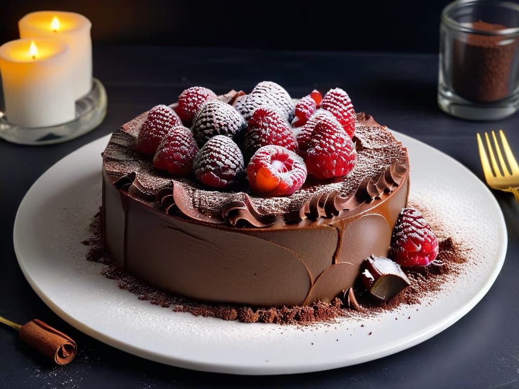  An ultradetailed image of a decadent keto chocolate cheesecake topped with fresh raspberries and a dusting of cocoa powder, presented on a sleek, modern white plate against a black backdrop. The cheesecake is perfectly sliced to reveal its creamy texture, with each layer distinct and inviting. The raspberries glisten with freshness, and the cocoa powder adds a touch of elegance to the dessert. The lighting is soft yet highlights every intricate detail, making the dessert look irresistible and sophisticated. hyperrealistic, full body, detailed clothing, highly detailed, cinematic lighting, stunningly beautiful, intricate, sharp focus, f/1. 8, 85mm, (centered image composition), (professionally color graded), ((bright soft diffused light)), volumetric fog, trending on instagram, trending on tumblr, HDR 4K, 8K