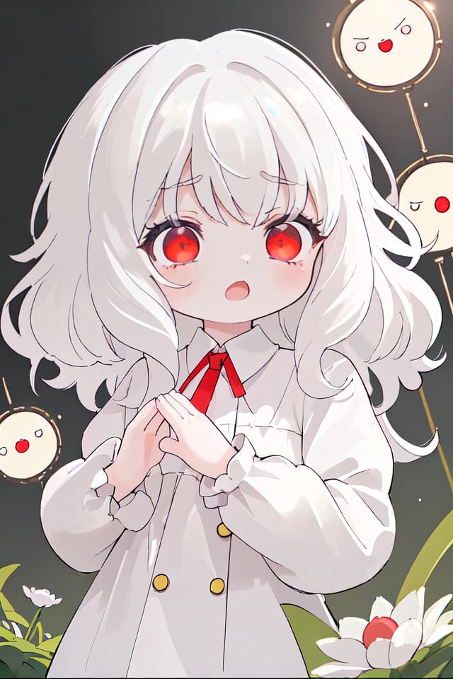  ultra detailed:1.2masterpiece:1.2,best quality,masterpiece,bestquality,hdr:1.1,8k:1.1,very cute girl:1.3,white hair:1.3,long hair,volume hair:0.5,curly hair:1.2red eyes,bad mood:1.1,sleepy eyes:1.1,dot open mouth:1.3,upper body:1.3,dutch angle