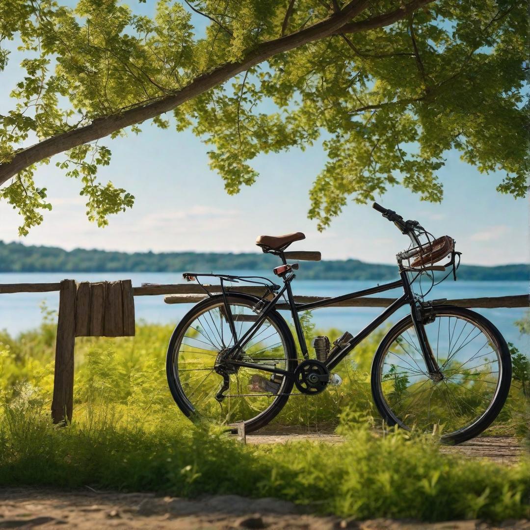  A bicycle leaning against a rustic fence with a serene lakeside view, surrounded by lush greenery and a clear blue sky above. real, 8k, 35mm, bike, stock photo hyperrealistic, full body, detailed clothing, highly detailed, cinematic lighting, stunningly beautiful, intricate, sharp focus, f/1. 8, 85mm, (centered image composition), (professionally color graded), ((bright soft diffused light)), volumetric fog, trending on instagram, trending on tumblr, HDR 4K, 8K