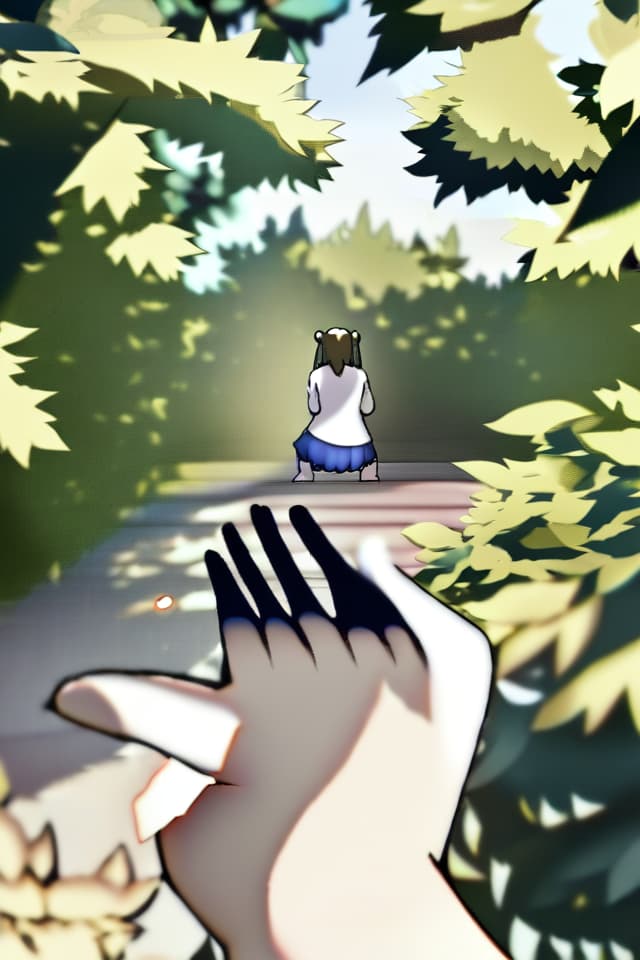  (((POV one's hand:1.4)))、((🧝‍♀️))、セーラー服、squat、from back、surrounded by bushes in outdoor、in focus with blurred background、💩、💩、💩、