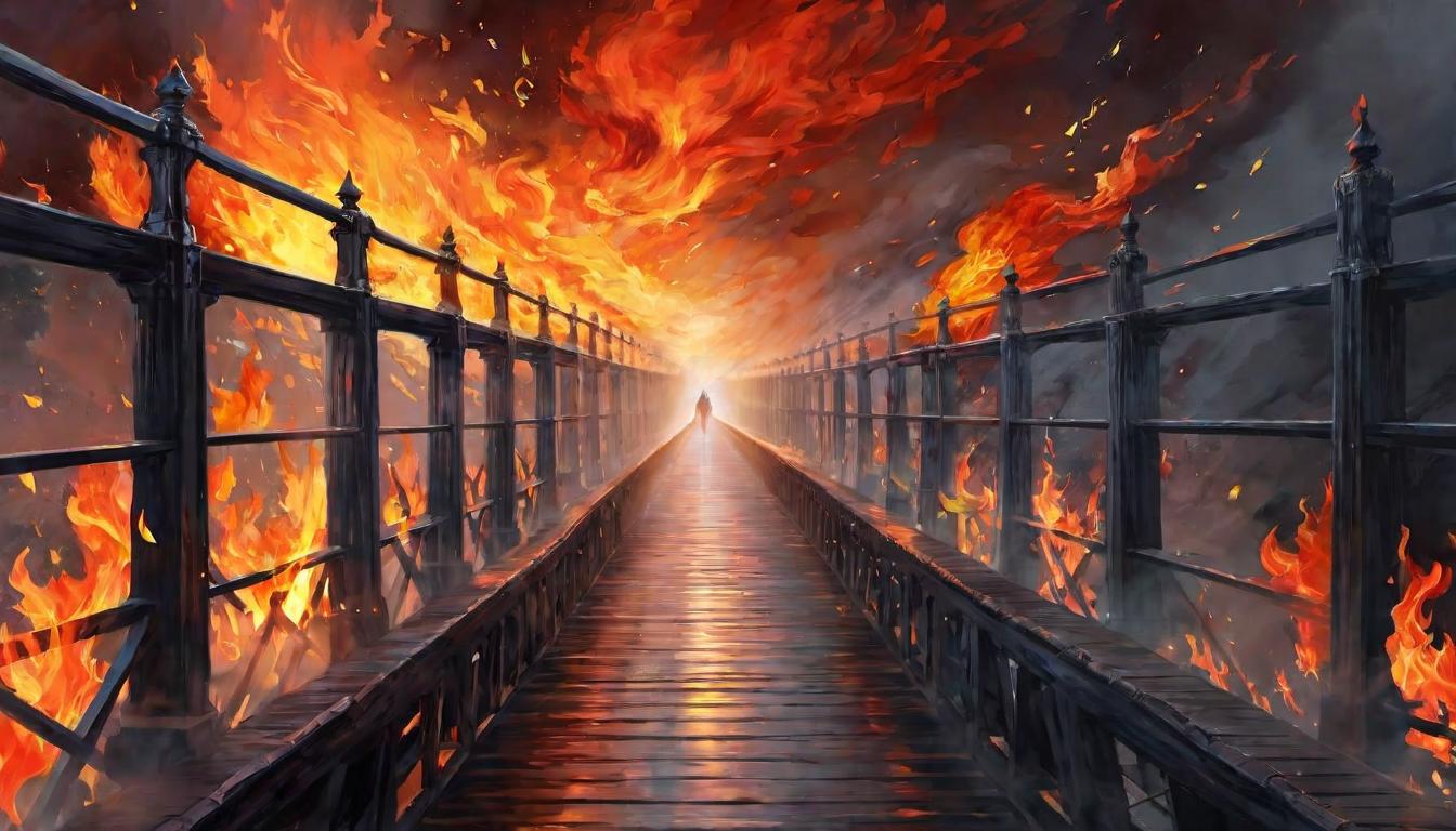  digital painting of Figure with serene face, walking confidently on narrow light bridge, flames below, undisturbed by danger, aura of peace and safety looking at viewer, dynamic pose, (intricate details, masterpiece, best quality)