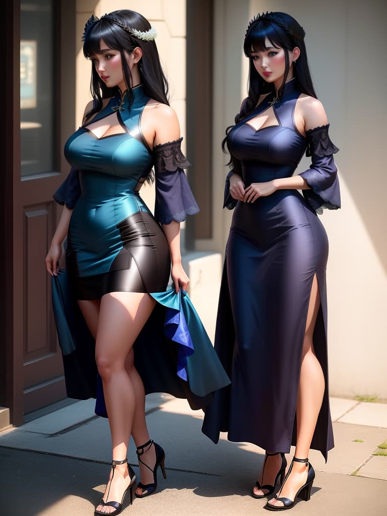  An cute and anime wearing blue china dress, black mid length hair with bangs, bare shoulders, bare arms, exudes feminine charm, greeny eyes with attractive lashes, full subtle mauve lipstick, large s covered by curved fit dress, blush, expression on face Dress: , no jewelry, top and bottoms, no shoes. hyperrealistic, full body, detailed clothing, highly detailed, cinematic lighting, stunningly beautiful, intricate, sharp focus, f/1. 8, 85mm, (centered image composition), (professionally color graded), ((bright soft diffused light)), volumetric fog, trending on instagram, trending on tumblr, HDR 4K, 8K