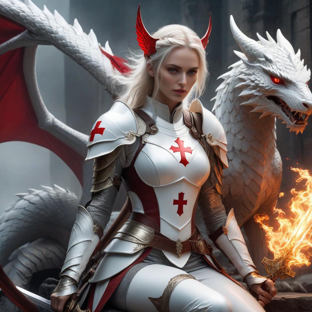  ethereal fantasy concept art of A tall woman, clad in light armor, white colored body armor with a red cross on her shield. Her face is covered by a metal mask, her hair reaching to her shoulders. She is sitting on a white dragon. In her right hand, she holds a sword, in her left hand, she emits expiatory fire. . magnificent, celestial, ethereal, painterly, epic, majestic, magical, fantasy art, cover art, dreamy hyperrealistic, full body, detailed clothing, highly detailed, cinematic lighting, stunningly beautiful, intricate, sharp focus, f/1. 8, 85mm, (centered image composition), (professionally color graded), ((bright soft diffused light)), volumetric fog, trending on instagram, trending on tumblr, HDR 4K, 8K