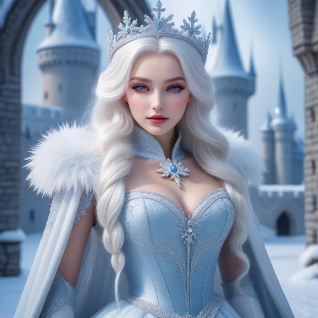  Tender Snow Queen Girl in a snowy luminous castle.Realism hyperrealistic, full body, detailed clothing, highly detailed, cinematic lighting, stunningly beautiful, intricate, sharp focus, f/1. 8, 85mm, (centered image composition), (professionally color graded), ((bright soft diffused light)), volumetric fog, trending on instagram, trending on tumblr, HDR 4K, 8K