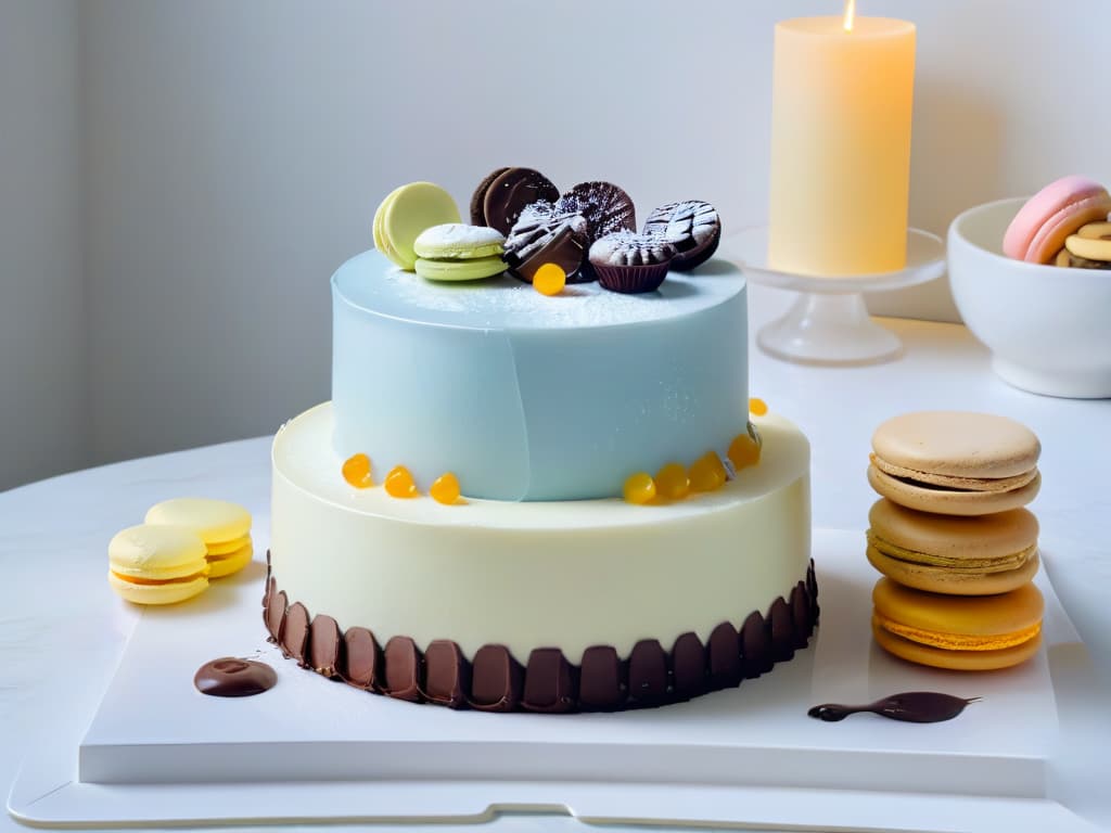  An ultradetailed image of a serene, sunlit kitchen workshop with sleek marble countertops showcasing an array of meticulously crafted pastries and desserts. Delicate macarons in soft pastel hues are neatly lined up next to a piping bag filled with glossy chocolate ganache, while a perfectly frosted layer cake sits elegantly in the center. The soft glow of natural light illuminates the scene, casting gentle shadows that highlight the intricate details of each dessert. The overall aesthetic is modern and minimalistic, exuding a sense of sophistication and culinary expertise. hyperrealistic, full body, detailed clothing, highly detailed, cinematic lighting, stunningly beautiful, intricate, sharp focus, f/1. 8, 85mm, (centered image composition), (professionally color graded), ((bright soft diffused light)), volumetric fog, trending on instagram, trending on tumblr, HDR 4K, 8K