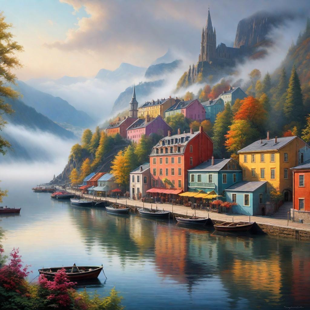  A beautiful painting of a scenic view of Leauxceaux with colorful buildings and a serene atmosphere. hyperrealistic, full body, detailed clothing, highly detailed, cinematic lighting, stunningly beautiful, intricate, sharp focus, f/1. 8, 85mm, (centered image composition), (professionally color graded), ((bright soft diffused light)), volumetric fog, trending on instagram, trending on tumblr, HDR 4K, 8K