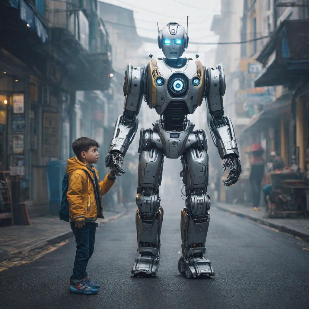  /img robot with a boy, cute, hyper detail, full HD hyperrealistic, full body, detailed clothing, highly detailed, cinematic lighting, stunningly beautiful, intricate, sharp focus, f/1. 8, 85mm, (centered image composition), (professionally color graded), ((bright soft diffused light)), volumetric fog, trending on instagram, trending on tumblr, HDR 4K, 8K