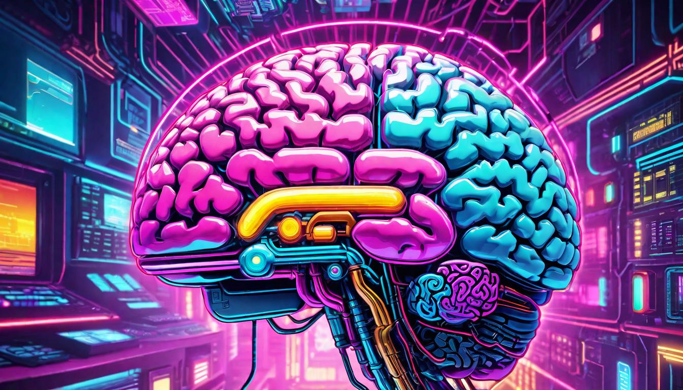  vaporwave,cyberpunk game style A cross section of a brain illuminated with bright colors highlighting neural pathways, showcasing the intricate mechanism of the nervous system, detailed, enlighteningeon, dystopian, futuristic, digital, vibrant, detailed, high contrast, reminiscent of cyberpunk genre video games,retro aesthetic, cyberpunk, vibrant, neon colors, vintage 80s and 90s style, highly detailed