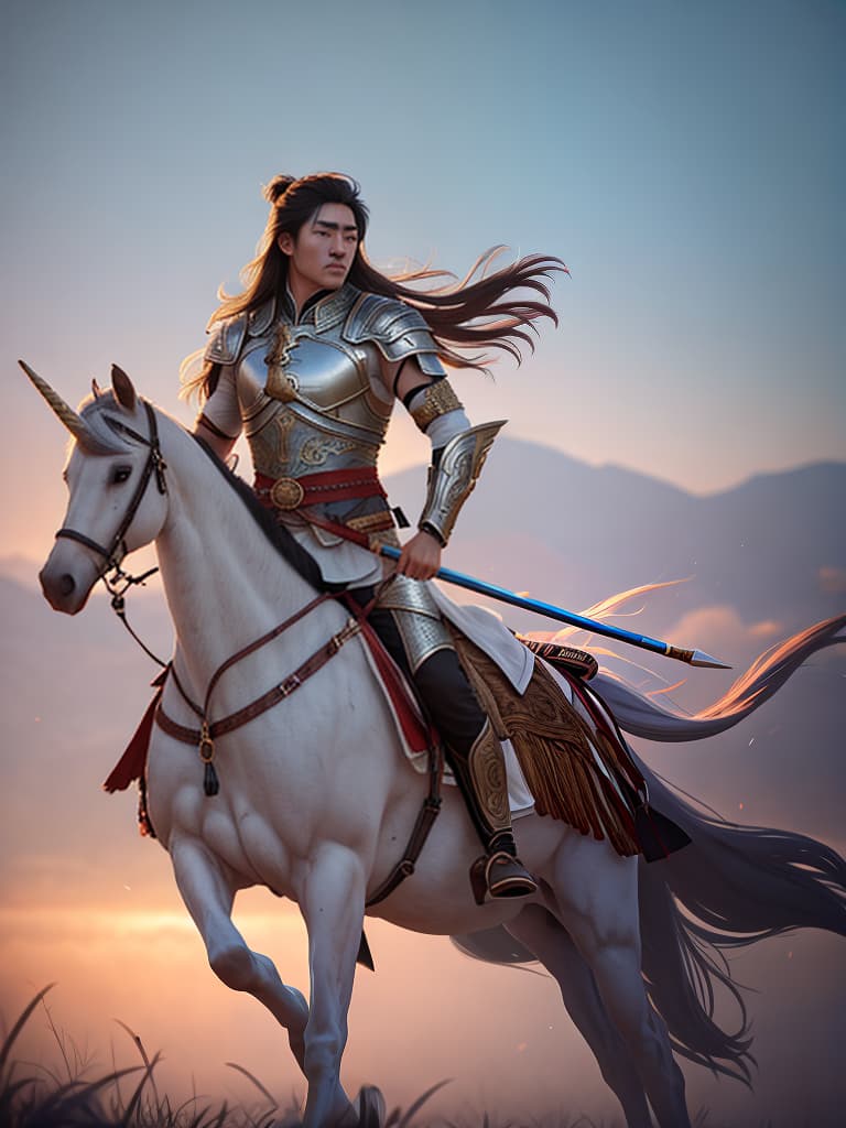  A unicorn inspired warrior Man hyperrealistic, full body, detailed clothing, highly detailed, cinematic lighting, stunningly beautiful, intricate, sharp focus, f/1. 8, 85mm, (centered image composition), (professionally color graded), ((bright soft diffused light)), volumetric fog, trending on instagram, trending on tumblr, HDR 4K, 8K