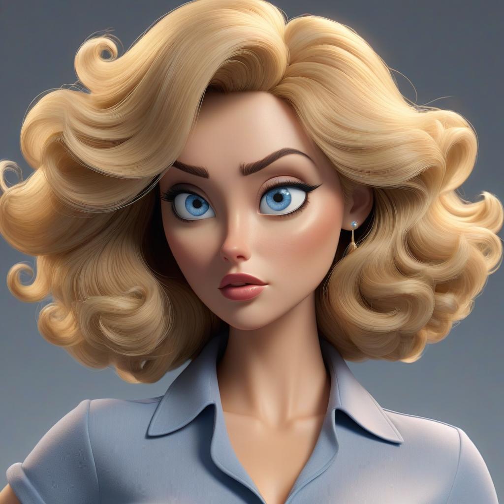  professional 3d model Draw a woman in Pixar style: she is very serious. She has big blue eyes. She is a blond with curly hair. She has straight hair. She is chubby. She has straight hair. . octane render, highly detailed, volumetric, dramatic lighting hyperrealistic, full body, detailed clothing, highly detailed, cinematic lighting, stunningly beautiful, intricate, sharp focus, f/1. 8, 85mm, (centered image composition), (professionally color graded), ((bright soft diffused light)), volumetric fog, trending on instagram, trending on tumblr, HDR 4K, 8K