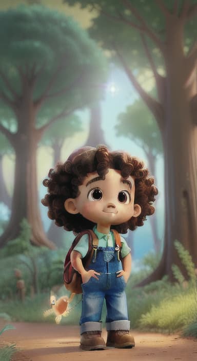  {The tree shining brightly and releasing a gentle, magical light., Riley, a curious with big brown eyes and curly hair, wearing overalls and carrying a small backpack. Their friend, Skye, a bluebird with shiny feathers.