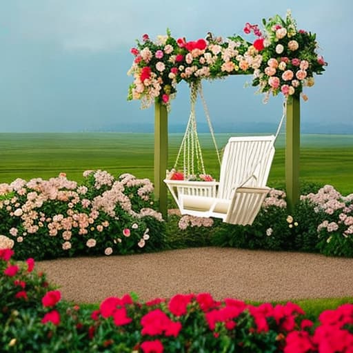 analog style a white swing in a big garden with flowers hyperrealistic, full body, detailed clothing, highly detailed, cinematic lighting, stunningly beautiful, intricate, sharp focus, f/1. 8, 85mm, (centered image composition), (professionally color graded), ((bright soft diffused light)), volumetric fog, trending on instagram, trending on tumblr, HDR 4K, 8K