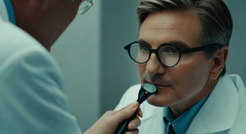  A cinematic photo of a dermatologist examining a patient's skin with a magnifying glass, symbolizing the importance of choosing the right dermatologist for accurate diagnosis and effective treatment.