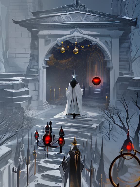  A terrifying tall tower, with one entrance. The entrance is a portal, black in color. Behind the portal stands a person in a white robe, but their face is hidden by a golden mask. He turns to the people standing in front of him. He holds a crimson sphere in his hand. The tower is located in a strange dimension where there are two moons., Overland fantasy woodland map, such as a map, a font that is modern and easy to read hyperrealistic, full body, detailed clothing, highly detailed, cinematic lighting, stunningly beautiful, intricate, sharp focus, f/1. 8, 85mm, (centered image composition), (professionally color graded), ((bright soft diffused light)), volumetric fog, trending on instagram, trending on tumblr, HDR 4K, 8K