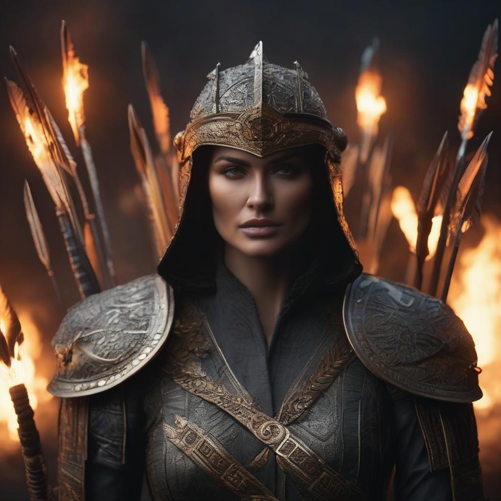  On a black background, there are burning arrows. hyperrealistic, full body, detailed clothing, highly detailed, cinematic lighting, stunningly beautiful, intricate, sharp focus, f/1. 8, 85mm, (centered image composition), (professionally color graded), ((bright soft diffused light)), volumetric fog, trending on instagram, trending on tumblr, HDR 4K, 8K