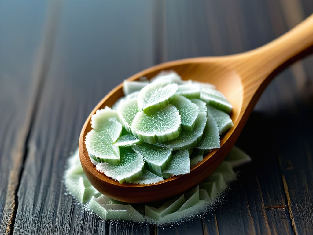  An ultradetailed closeup photograph of a delicate sugar crystal forming on a wooden spoon, capturing the intricate structure and glistening surface in exquisite detail. The crystal is set against a soft, blurred background, emphasizing its purity and natural beauty. hyperrealistic, full body, detailed clothing, highly detailed, cinematic lighting, stunningly beautiful, intricate, sharp focus, f/1. 8, 85mm, (centered image composition), (professionally color graded), ((bright soft diffused light)), volumetric fog, trending on instagram, trending on tumblr, HDR 4K, 8K