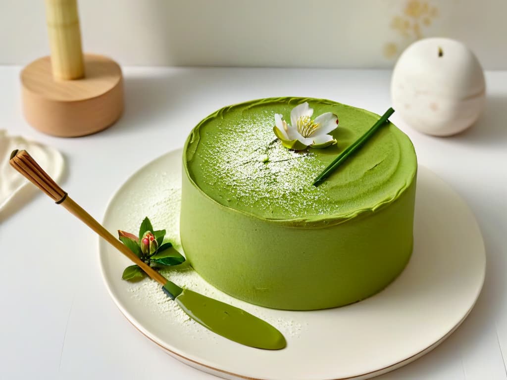  A minimalist image of a delicate Japanese matcha green tea cake placed on a simple, elegant ceramic plate, accompanied by a traditional bamboo matcha whisk and a small bowl of vibrant green matcha powder. The cake is topped with a single fresh cherry blossom, symbolizing the beauty and simplicity of Japanese tea rituals. The background is a soft, neutral color to emphasize the clean lines and serene atmosphere of the image. hyperrealistic, full body, detailed clothing, highly detailed, cinematic lighting, stunningly beautiful, intricate, sharp focus, f/1. 8, 85mm, (centered image composition), (professionally color graded), ((bright soft diffused light)), volumetric fog, trending on instagram, trending on tumblr, HDR 4K, 8K