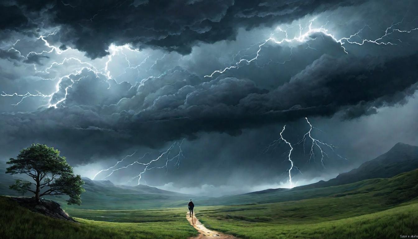  digital illustration, Transition phase, path leading through darkness to light, temporary confusion, challenges depicted as storm clouds, light at horizon, moving forward, looking at viewer, dynamic pose, (intricate details, masterpiece, best quality)