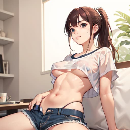  best quality, masterpiece, hyper realistic, seductively sweet girl, freckles, messy ponytail, lifting shirt to show tummy, bellybutton, underboob, tease, short shorts