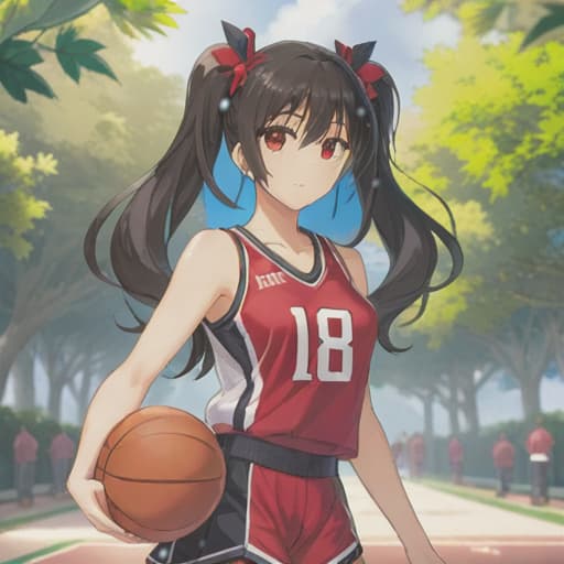  anime girl black hair bright dark brown eyes red and white basketball uniform with the number 18 and the name Nicky white and black shoes Have your hair in a medium high ponytail with two strands on the sides of your ears, have a basketball and look full body Pastel Palette, Da Vinci's Dreams, Picasso's , Sunrise Splendors, Floral Fantasy, Mystical Moonscapes, Urban Nature, Crystal Clear, Cinematic hyperrealistic, full body, detailed clothing, highly detailed, cinematic lighting, stunningly beautiful, intricate, sharp focus, f/1. 8, 85mm, (centered image composition), (professionally color graded), ((bright soft diffused light)), volumetric fog, trending on instagram, trending on tumblr, HDR 4K, 8K