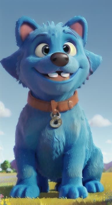  {A happy, big blue dog wagging its tail in a colorful meadow, The big blue dog is large with sky blue fur, big round eyes, a black nose, and floppy ears.