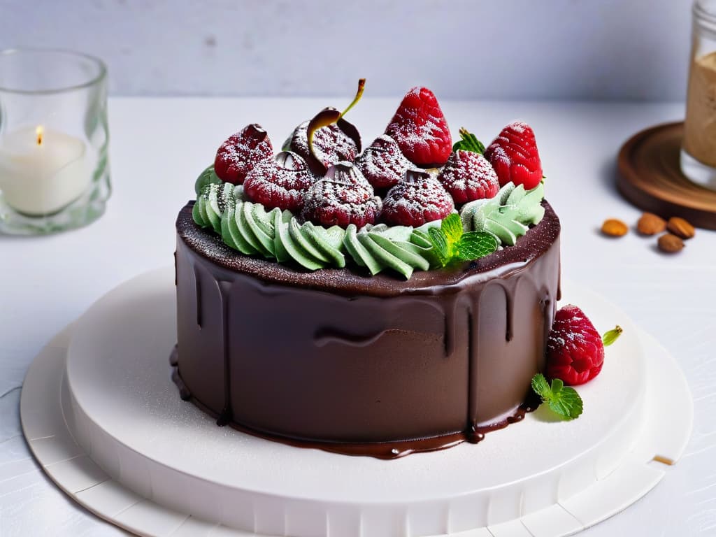  An ultradetailed image of a decadent vegan chocolate cake, perfectly frosted with swirls of rich ganache and topped with fresh raspberries and mint leaves. The cake sits on a sleek, white porcelain plate, set against a stark black background to highlight its exquisite details. The glossy ganache reflects the soft ambient light, creating a luxurious and inviting atmosphere that showcases the elegance and sophistication of vegan desserts. hyperrealistic, full body, detailed clothing, highly detailed, cinematic lighting, stunningly beautiful, intricate, sharp focus, f/1. 8, 85mm, (centered image composition), (professionally color graded), ((bright soft diffused light)), volumetric fog, trending on instagram, trending on tumblr, HDR 4K, 8K