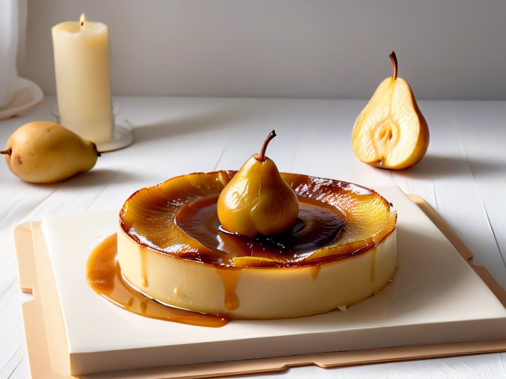  A minimalistic image of a goldenbrown Tarta Tatin de pera fresh out of the oven, with a perfectly caramelized layer of sugar on top, showcasing the glossy finish and the slices of tender, caramelized pears peeking through. The background is a clean white surface, emphasizing the simplicity and elegance of the dessert. hyperrealistic, full body, detailed clothing, highly detailed, cinematic lighting, stunningly beautiful, intricate, sharp focus, f/1. 8, 85mm, (centered image composition), (professionally color graded), ((bright soft diffused light)), volumetric fog, trending on instagram, trending on tumblr, HDR 4K, 8K