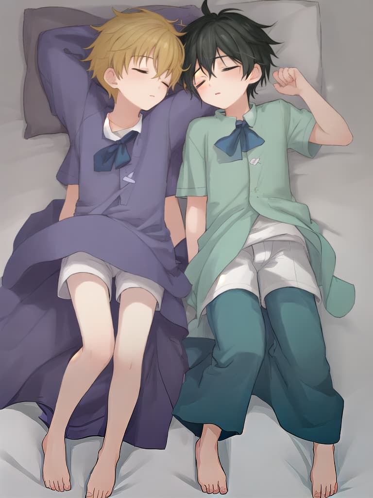  two boys sleeping together wetting the bed wearing diapers