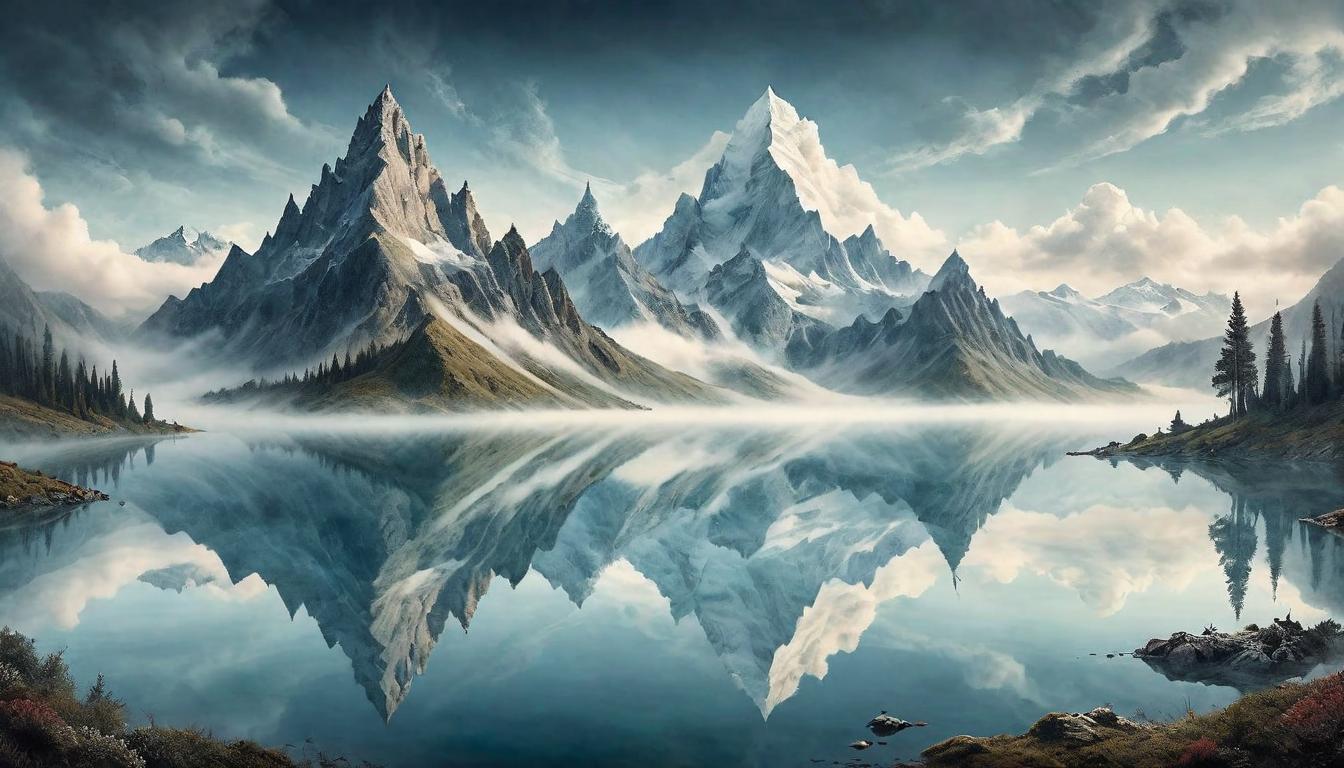  on parchment, surrealism+++, A towering mountain reflected in a clear lake, its peak reaching high above the clouds, untouched by the world below. Dominance unattainable, self sovereignty reflected, peak above clouds, serene reflection(mysterious, provocative, symbolic,muted color)+++