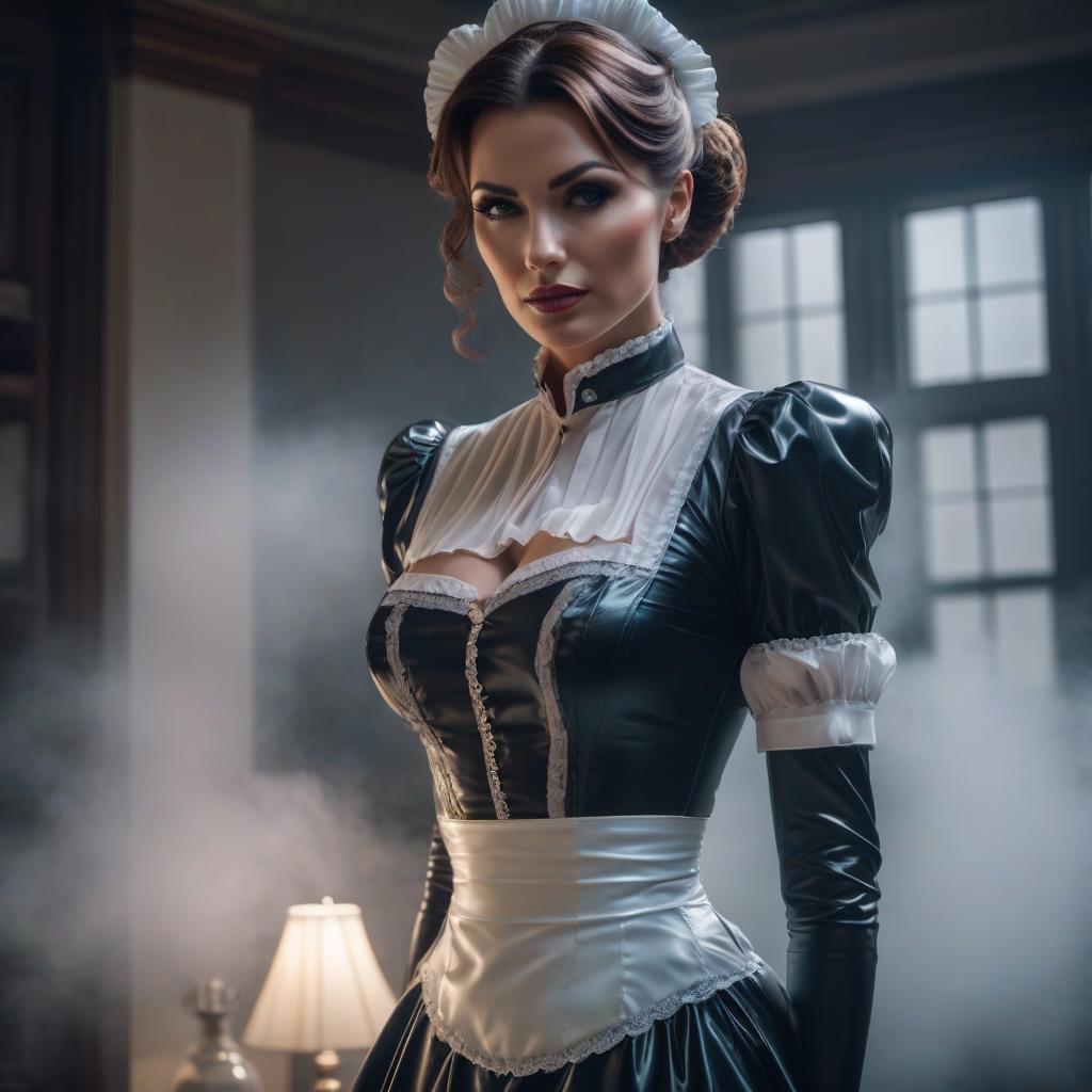  latex housemaid in gloves hyperrealistic, full body, detailed clothing, highly detailed, cinematic lighting, stunningly beautiful, intricate, sharp focus, f/1. 8, 85mm, (centered image composition), (professionally color graded), ((bright soft diffused light)), volumetric fog, trending on instagram, trending on tumblr, HDR 4K, 8K