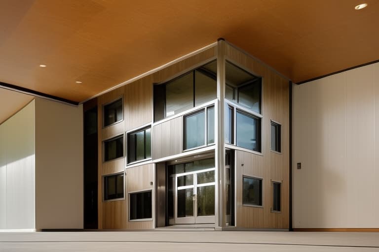  Street view of the house, modern architectural style, aluminum doors, wood paneled lobby ceiling, beautiful lighting
