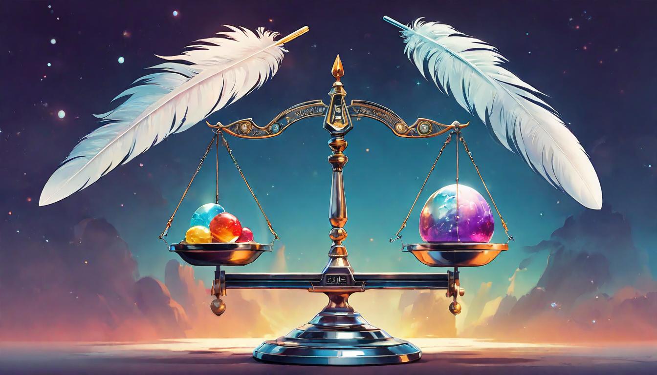  retro futuristic A balance scale with feathers and stones, depicting the measurement of karmic balance, Equilibrium of actions, Weight of decisions, Measure of the soul's journey lvintage sci fi, 50s and 60s style, atomic age, vibrant, highly detailed