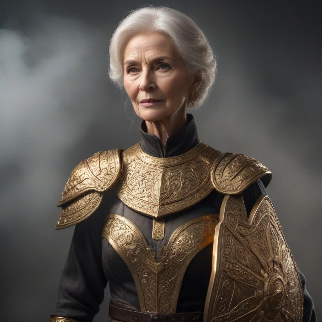  An elderly woman with FIBLORG, holding a shield and staff, has golden short hair. ## Translation: An elderly woman with FIBLORG, holding a shield and staff, has golden short hair. hyperrealistic, full body, detailed clothing, highly detailed, cinematic lighting, stunningly beautiful, intricate, sharp focus, f/1. 8, 85mm, (centered image composition), (professionally color graded), ((bright soft diffused light)), volumetric fog, trending on instagram, trending on tumblr, HDR 4K, 8K