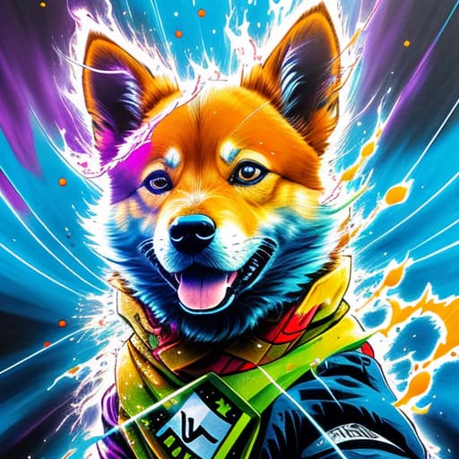  Goku Shiba Inu, Acid wash effect, perfect anatomy, centered, approaching perfection, dynamic, highly detailed, artstation, concept art, smooth, sharp focus, illustration, art by Carne Griffiths and Wadim Kashin, graffiti airbrushing techniques, high definition, accent lighting, contrasted with bright paint colors, by Squal92i