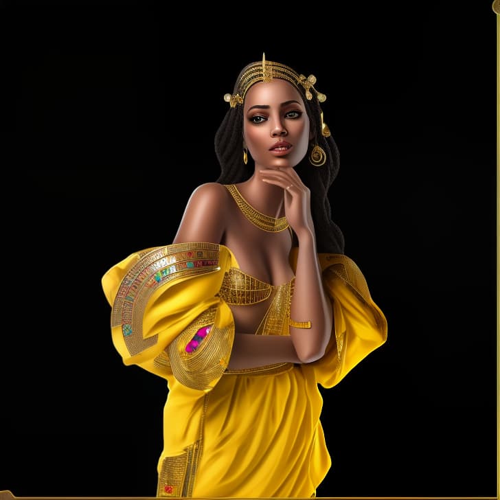 mdjrny-v4 style Create an avatar of a female character in an Ancient Egyptian style. The character should be dressed in traditional Egyptian attire, such as a flowing linen dress adorned with hieroglyphic patterns or a pleated garment like a shendyt. Her hair should be styled in a way that reflects ancient Egyptian hairstyles, such as braids, curls, or adorned with beads and ornaments. She should have a regal and dignified posture, embodying the grace and elegance associated with ancient Egyptian royalty. Accessories like jewelry, headdresses, or symbols of authority such as an ankh or scepter can be included to enhance her historical authenticity. The background should depict an Egyptian setting, such as a temple, pyramid, or the banks of the Nile River, 