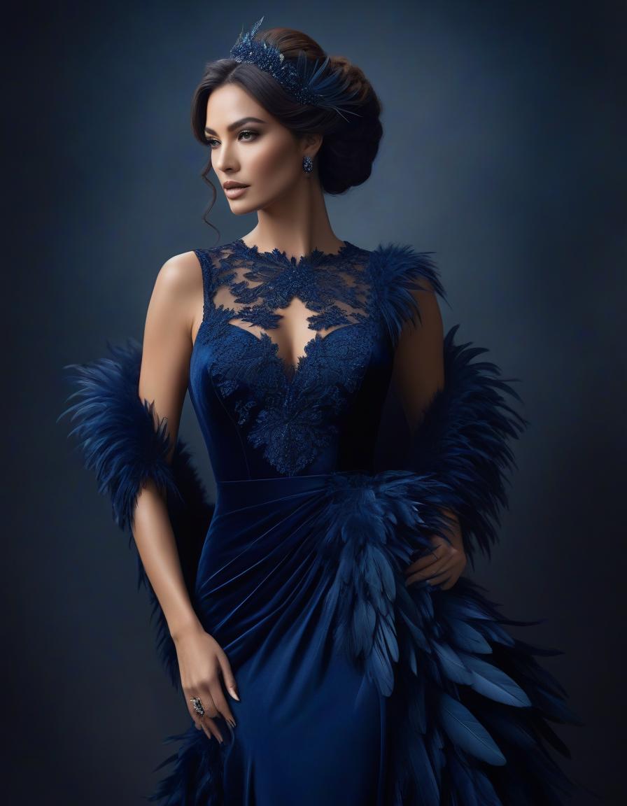  concept art Portrait of a beautiful girl in a dark blue velvet Lorrain dress, on beautiful hair adorned with soft feathers of dark blue colour . digital artwork, illustrative, painterly, matte painting, highly detailed hyperrealistic, full body, detailed clothing, highly detailed, cinematic lighting, stunningly beautiful, intricate, sharp focus, f/1. 8, 85mm, (centered image composition), (professionally color graded), ((bright soft diffused light)), volumetric fog, trending on instagram, trending on tumblr, HDR 4K, 8K