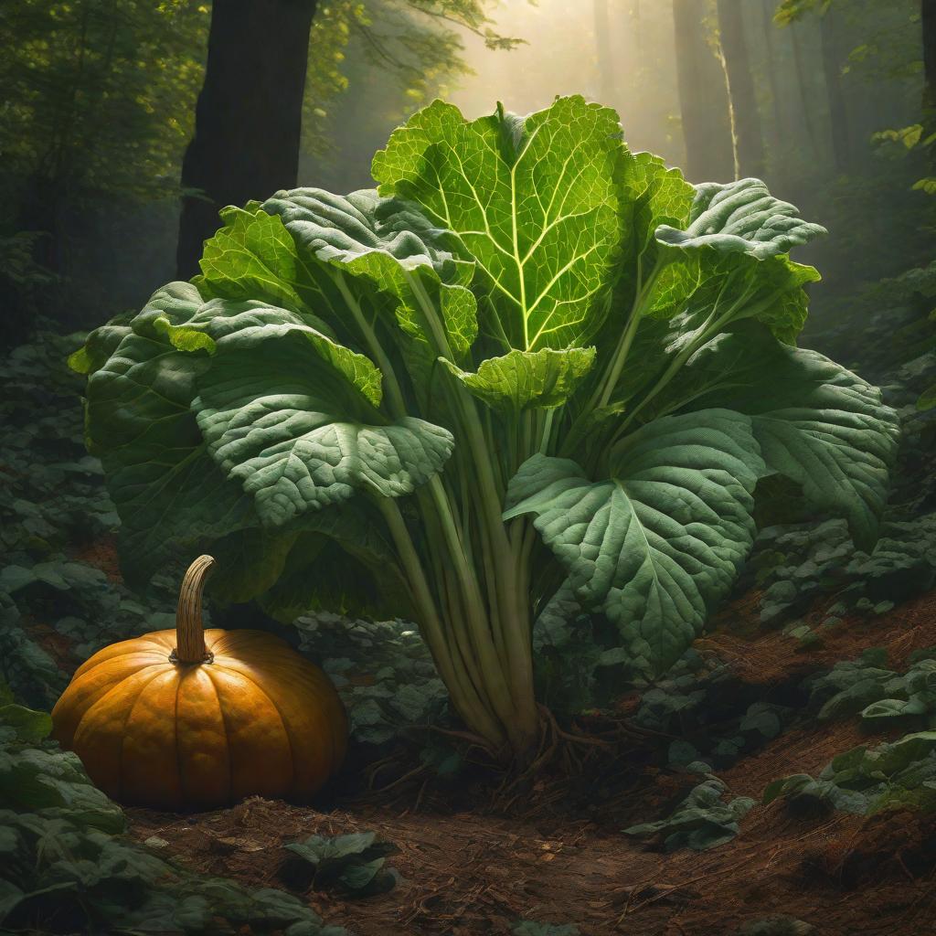  HIGH CLOSE UP. GIANT GREEN RHUBARB LEAVES GROWING FROM THE GROUND IN A DARK ROOM. THERE IS A HUGE PUMPKIN BETWEEN THEM. IN THE FOREST PLAN IS AN ARTIST, A PAINTER, PAINTING A PICTURE AT AN EASLESS. SHARP LIGHT., realistic, portrait, art by donato giancola and greg rutkowski, realistic face, digital art, trending on artstation hyperrealistic, full body, detailed clothing, highly detailed, cinematic lighting, stunningly beautiful, intricate, sharp focus, f/1. 8, 85mm, (centered image composition), (professionally color graded), ((bright soft diffused light)), volumetric fog, trending on instagram, trending on tumblr, HDR 4K, 8K