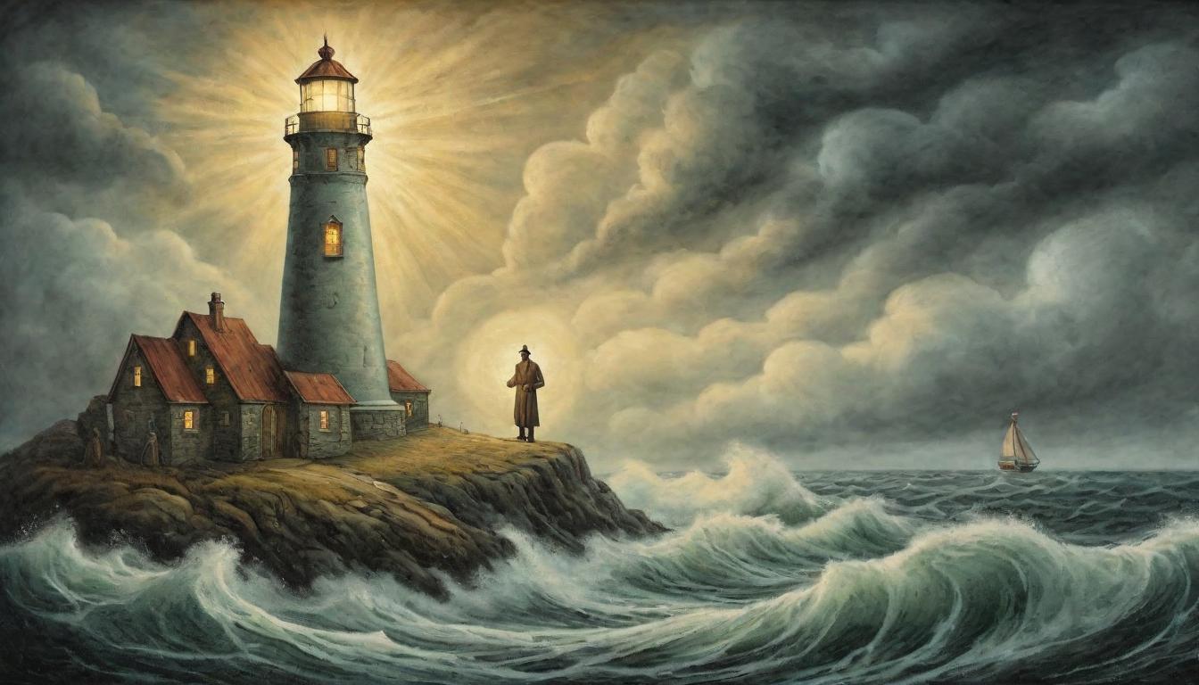  on parchment, surrealism++, A lighthouse shining brightly among stormy seas, figure standing with confidence, beacon of light and awareness(mysterious, provocative, symbolic)++