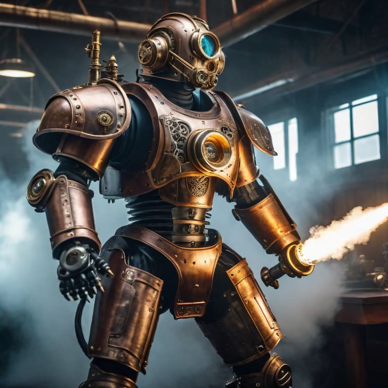  Steampunk warrior battling robotic creatures hyperrealistic, full body, detailed clothing, highly detailed, cinematic lighting, stunningly beautiful, intricate, sharp focus, f/1. 8, 85mm, (centered image composition), (professionally color graded), ((bright soft diffused light)), volumetric fog, trending on instagram, trending on tumblr, HDR 4K, 8K