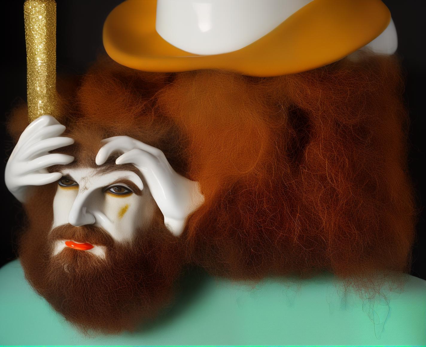  PHOTOGRAPH of a bright, Colorful and Shiny (((Meissen Porcelain BEARDED MAN))) with a (((GLITTERY HAT))), (((sculptural Porcelain hair))) looking at the viewer, on a black background, Stunning Masterpiece, Wide angle, 3:2 aspect radio, with perfect expression and facial structure, LARGE EYES, in the style of FRAGONARD, ultra sharp focus, 8k, big dark eyes, closed mouth, (((45 degree light))),  hyperrealistic, full body, detailed clothing, highly detailed, cinematic lighting, stunningly beautiful, intricate, sharp focus, f/1. 8, 85mm, (centered image composition), (professionally color graded), ((bright soft diffused light)), volumetric fog, trending on instagram, trending on tumblr, HDR 4K, 8K