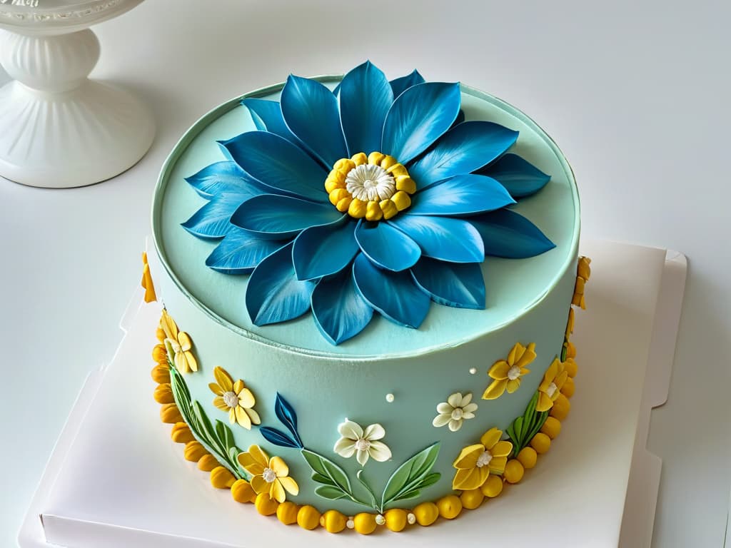  A closeup, ultradetailed image of a delicate and intricate sugar flower decoration on a beautifully crafted cake. The image showcases the perfect symmetry, vibrant colors, and exquisite craftsmanship of the sugar flower, highlighting the artistry and precision involved in international pastry certifications. hyperrealistic, full body, detailed clothing, highly detailed, cinematic lighting, stunningly beautiful, intricate, sharp focus, f/1. 8, 85mm, (centered image composition), (professionally color graded), ((bright soft diffused light)), volumetric fog, trending on instagram, trending on tumblr, HDR 4K, 8K