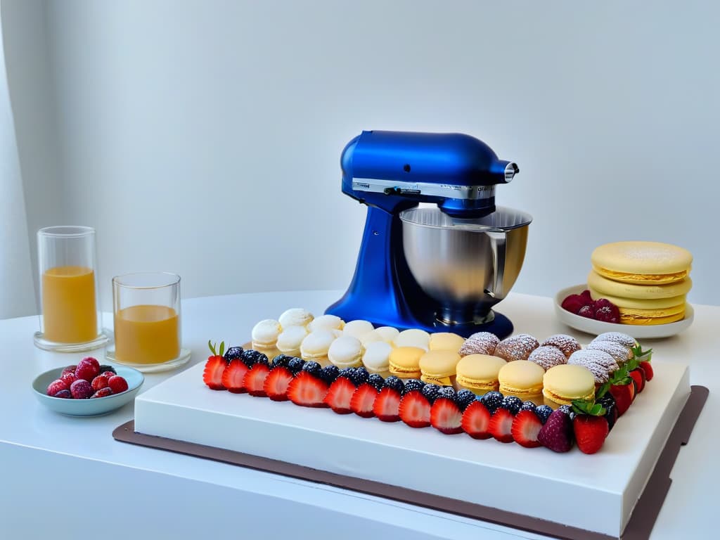  An exquisitely styled, highresolution image showcasing a pristine marble countertop adorned with an array of decadent ingredients and essential baking tools. In the center, a sleek stand mixer with a polished stainless steel finish stands ready to whip up delectable desserts. Surrounding it, meticulously arranged rows of fresh berries, velvety chocolate bars, fragrant vanilla beans, and delicate pastelhued macarons glisten under soft, natural light, evoking a sense of elegance and sophistication perfect for creating showstopping desserts for special events. hyperrealistic, full body, detailed clothing, highly detailed, cinematic lighting, stunningly beautiful, intricate, sharp focus, f/1. 8, 85mm, (centered image composition), (professionally color graded), ((bright soft diffused light)), volumetric fog, trending on instagram, trending on tumblr, HDR 4K, 8K